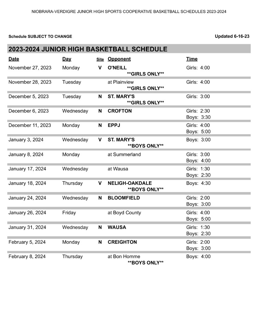 Niobrara Public Schools 2023/2024 Basketball Schedule